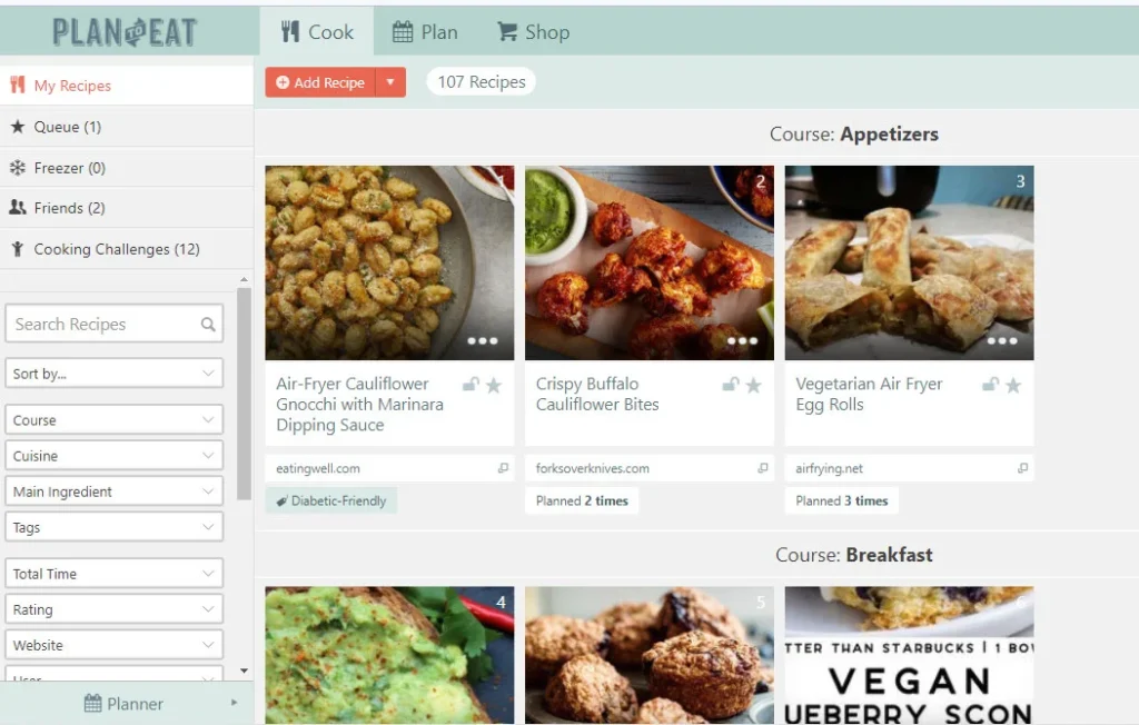 Plan to Eat review: Snap shot of plan to eat interface